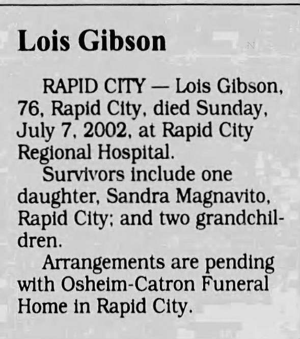 Obituary for Lois Gibson (Aged 76)
